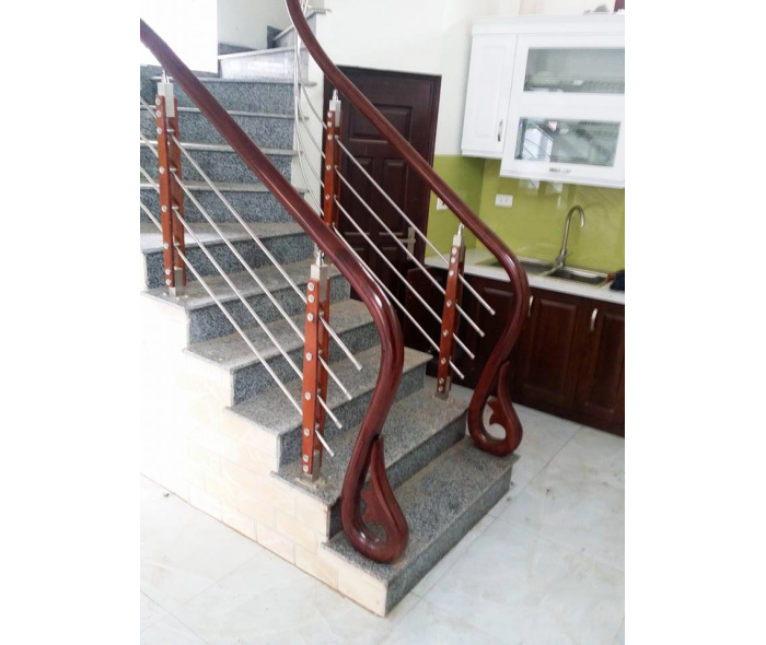 Cầu thang inox tay vịn gỗ MD23